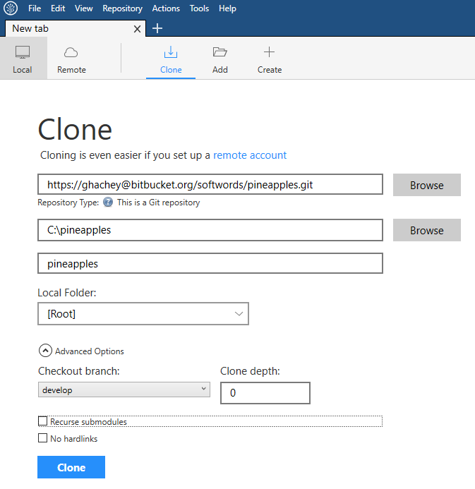 clone from organisation using sourcetree